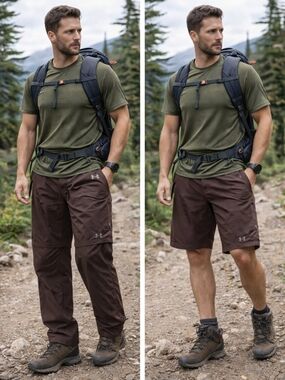 Under Armour Convertible Pants 38x34 Zip Off Hiking Nylon Brown Outdoor